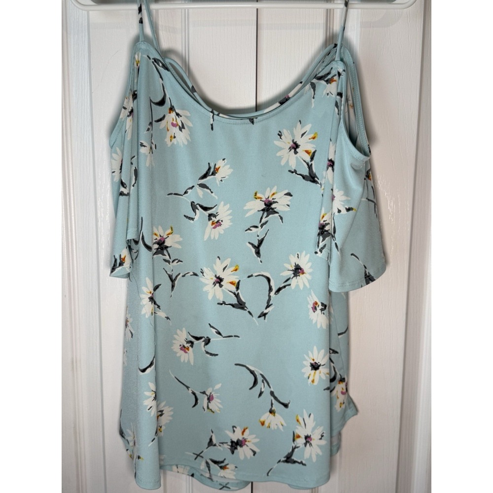 Kaleigh Cold Shoulder Top Blue Floral Daisy Print Women's Size Medium - Picture 2 of 5